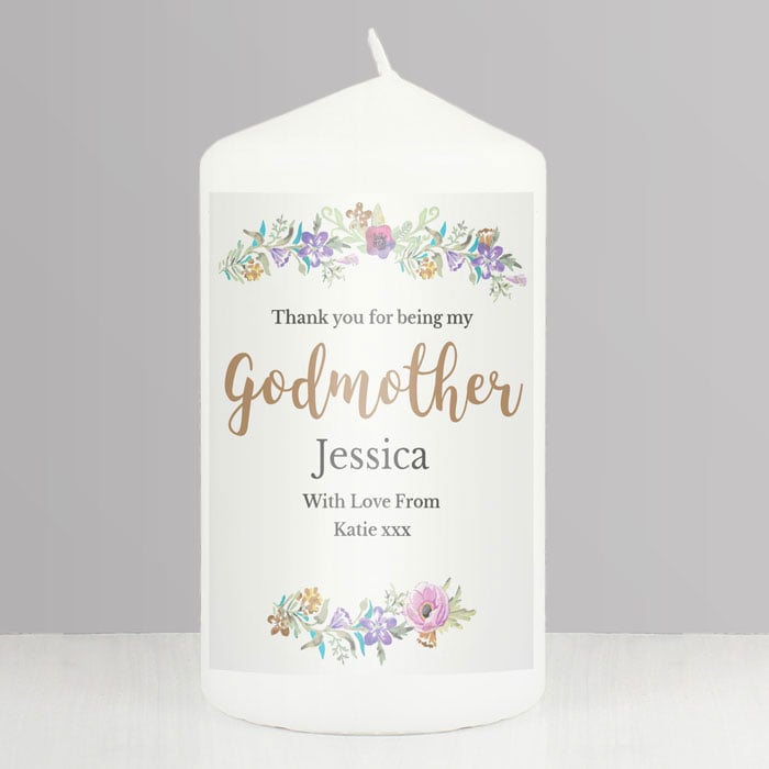 Personalised Godmother Floral Watercolour Pillar Candle