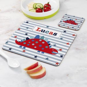 Kid's Personalised Dinosaur Placemat & Coaster Set