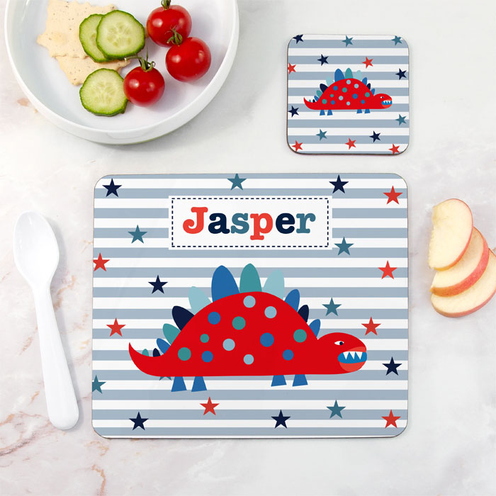 Kid's Personalised Dinosaur Placemat & Coaster Set