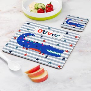 Kid's Personalised Crocodile Placemat & Coaster Set