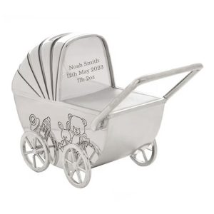Traditional Personalised Silver Plated Pram Baby's Money Box
