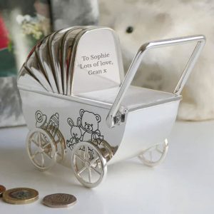 Traditional Personalised Silver Plated Pram Baby's Money Box