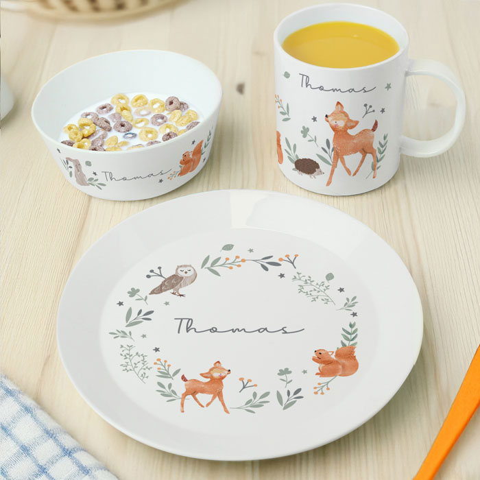 Kid's Personalised Woodland Animals Plastic Breakfast Set