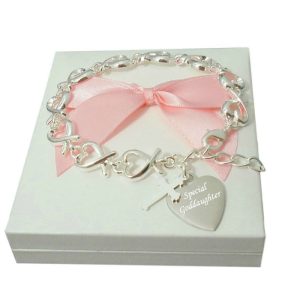 Girl's Engraved First Communion Linked Hearts Bracelet
