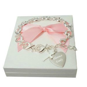 Girl's Engraved First Communion Linked Hearts Bracelet