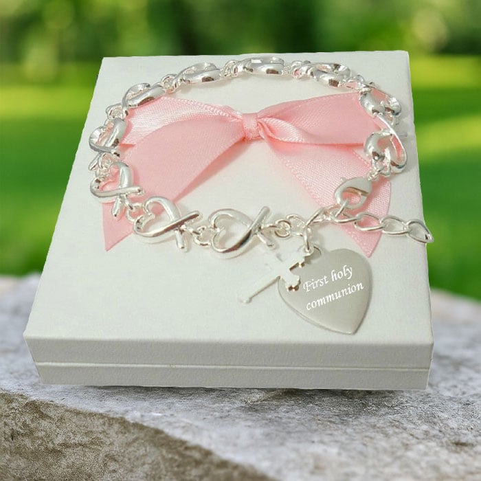 Girl's Engraved First Communion Linked Hearts Bracelet