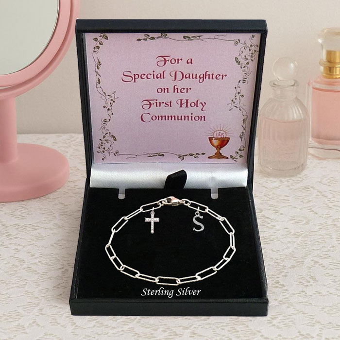 Sterling Silver Paperclip Chain Bracelet Cross & Initial