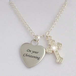 Crystal Cross Engraved Stainless Steel Heart Necklace