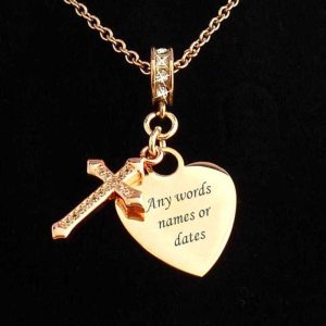 Girl's Rose Gold Engraved Heart & Crystal Cross Necklace