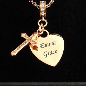 Girl's Rose Gold Engraved Heart & Crystal Cross Necklace