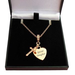 Girl's Rose Gold Engraved Heart & Crystal Cross Necklace