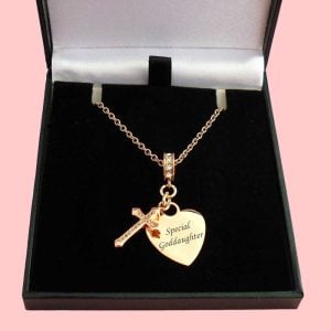 Girl's Rose Gold Engraved Heart & Crystal Cross Necklace