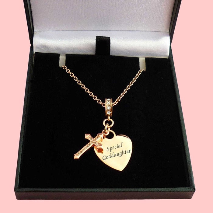 Girl's Rose Gold Engraved Heart & Crystal Cross Necklace