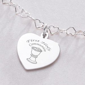 Sterling Silver Heart Link Communion Necklace with Engraving