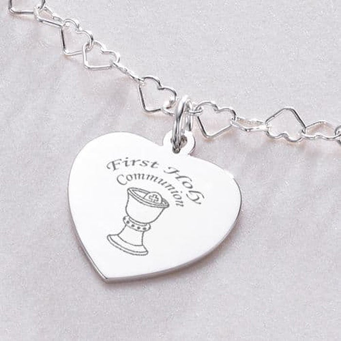 Sterling Silver Heart Link Communion Necklace with Engraving