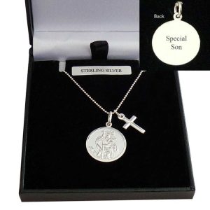 Engraved Sterling Silver Saint Christopher & Cross Necklace