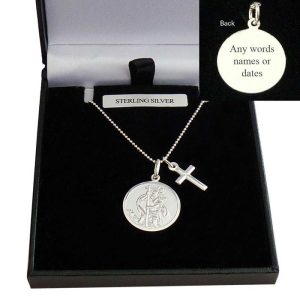 Engraved Sterling Silver Saint Christopher & Cross Necklace