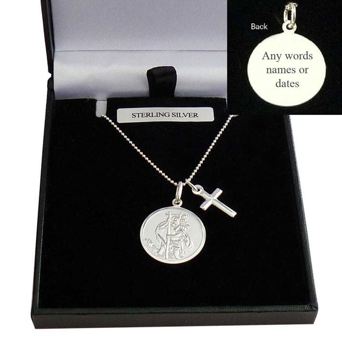 Engraved Sterling Silver Saint Christopher & Cross Necklace