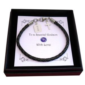 Boys Personalised Leather Bracelet With Cross & Engraved Tag