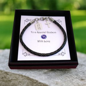 Boys Personalised Leather Bracelet With Cross & Engraved Tag