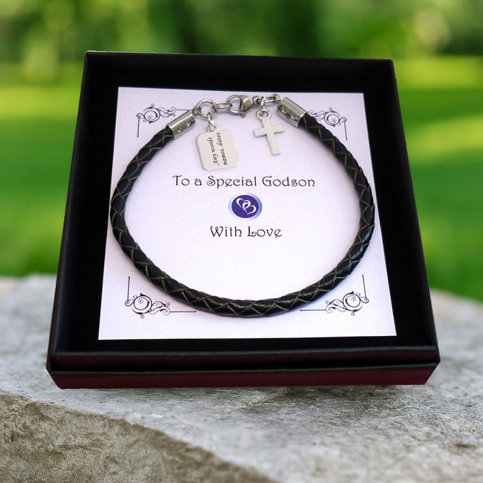 Boys Personalised Leather Bracelet With Cross & Engraved Tag