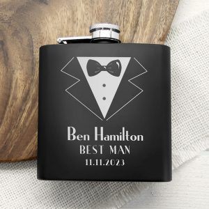 Male Wedding Party Personalised Black Hip Flask Suit Design