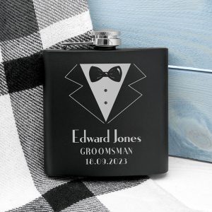 Male Wedding Party Personalised Black Hip Flask Suit Design