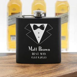 Male Wedding Party Personalised Black Hip Flask Suit Design