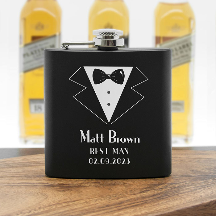 Male Wedding Party Personalised Black Hip Flask Suit Design