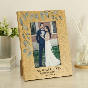 Personalised Botanical 6x4 Oak Finish Wedding Photo Frame