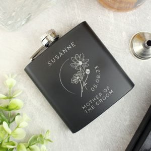Personalised Floral Wedding Party Black Stainless Hip Flask