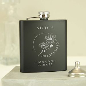 Personalised Floral Wedding Party Black Stainless Hip Flask
