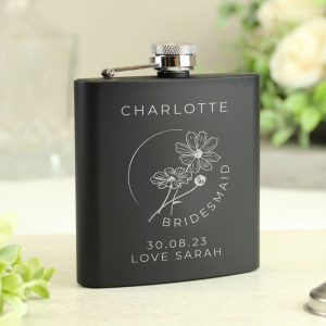 Personalised Floral Wedding Party Black Stainless Hip Flask