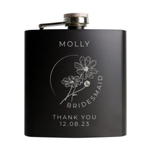 Personalised Floral Wedding Party Black Stainless Hip Flask