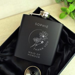 Personalised Floral Wedding Party Black Stainless Hip Flask