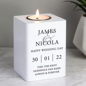 Personalised White Wooden Wedding Tea light Holder
