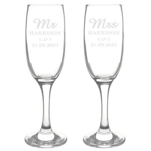Personalised Mr & Mrs Pair of Glass Flutes Wedding Etc.