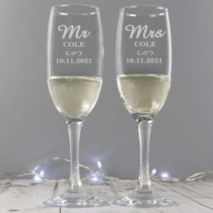 Personalised Mr & Mrs Pair of Glass Flutes Wedding Etc.