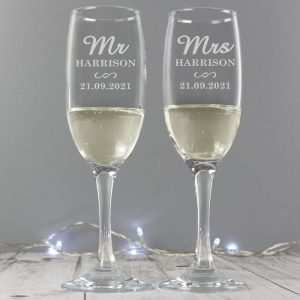 Personalised Mr & Mrs Pair of Glass Flutes Wedding Etc.