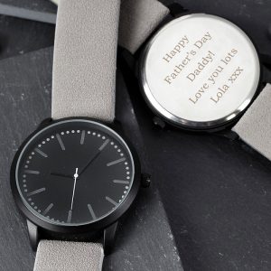 Personalised Men's Matte Black Watch with Grey Strap and Box