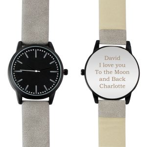 Personalised Men's Matte Black Watch with Grey Strap and Box
