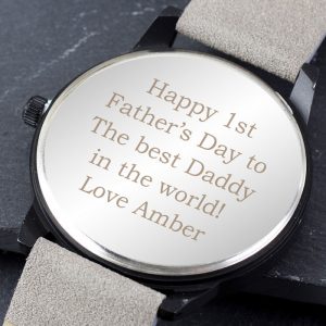 Personalised Men's Matte Black Watch with Grey Strap and Box