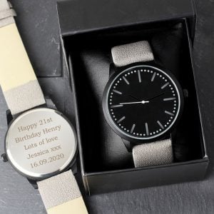 Personalised Men's Matte Black Watch with Grey Strap and Box
