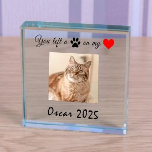 Personalised Glass Photo Pet Memorial Token Pawprint Heart