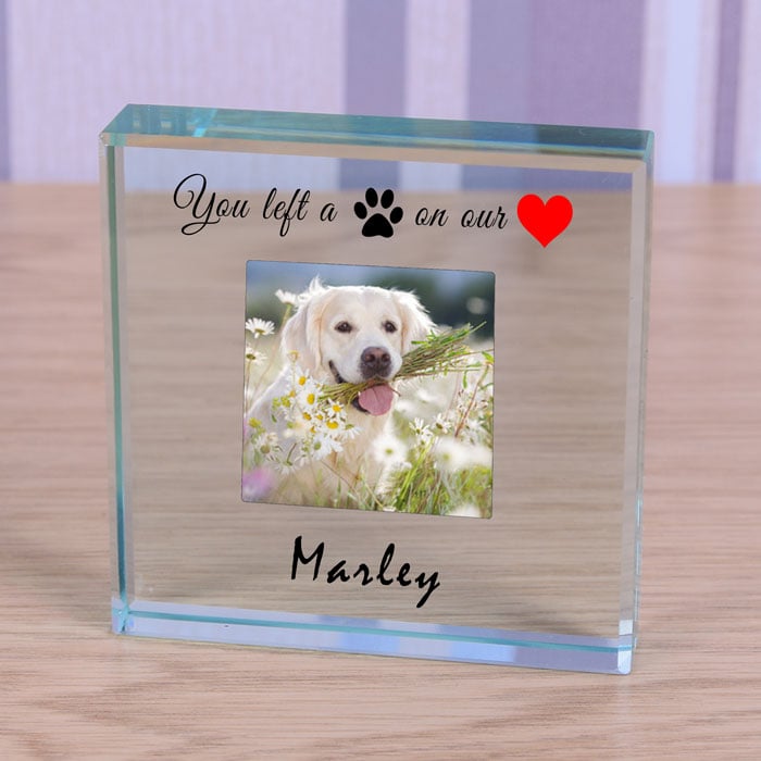 Personalised Glass Photo Pet Memorial Token Pawprint Heart