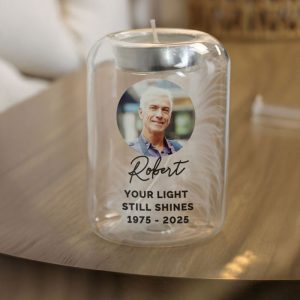 Personalised Photo Upload Memorial Feather Tealight Holder