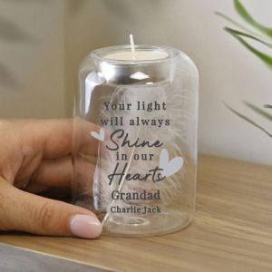 Personalised In Our Hearts Memorial Feather Tealight Holder