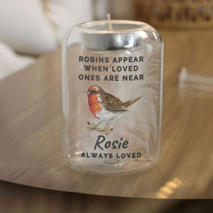 Personalised Robin Memorial Feather Tealight Holder