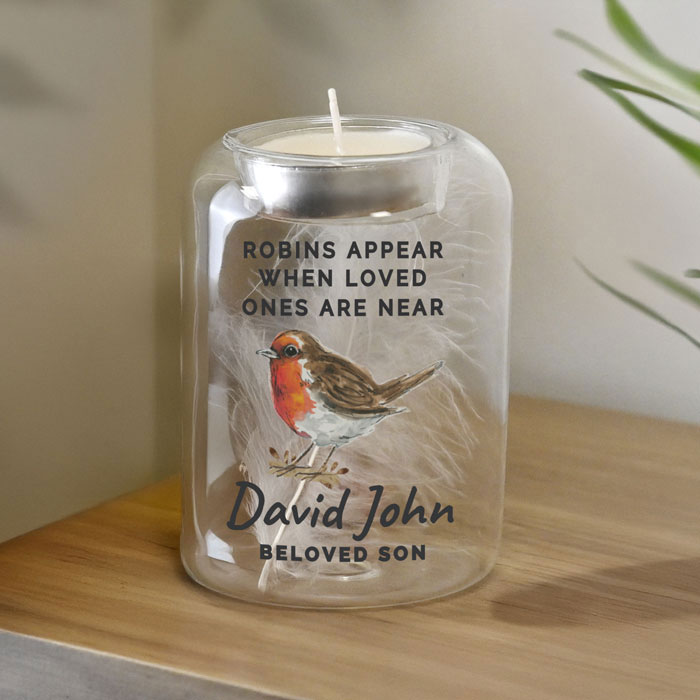 Personalised Robin Memorial Feather Tealight Holder