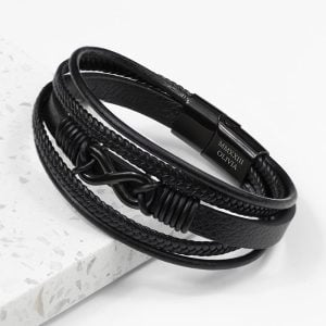 Personalised Men's Infinity Black Leather Stacked Bracelet